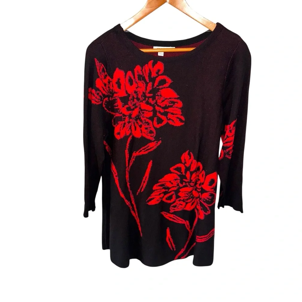 Chico's Womens Black Red Floral Tunic Sweater Pullover Size 2, US L - Picture 3 of 7